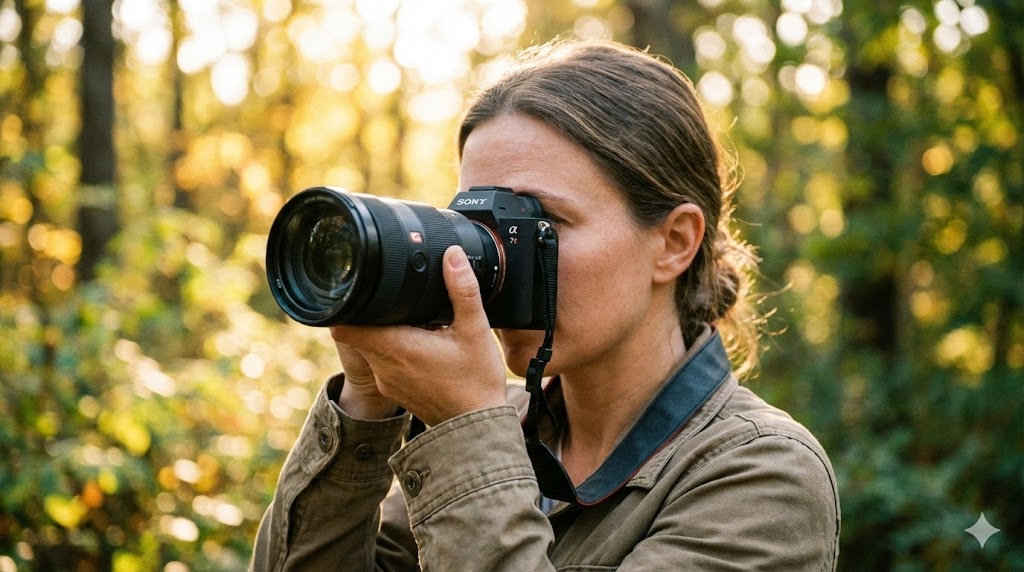 photographer-holding-mirrorless-camera-taking-shot-bokeh-background